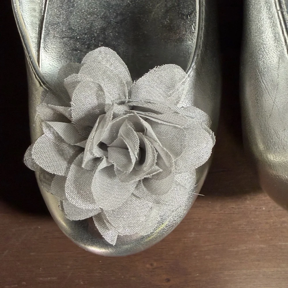 Nina Silver Glitter Girls Flats with Floral Detail - worn once